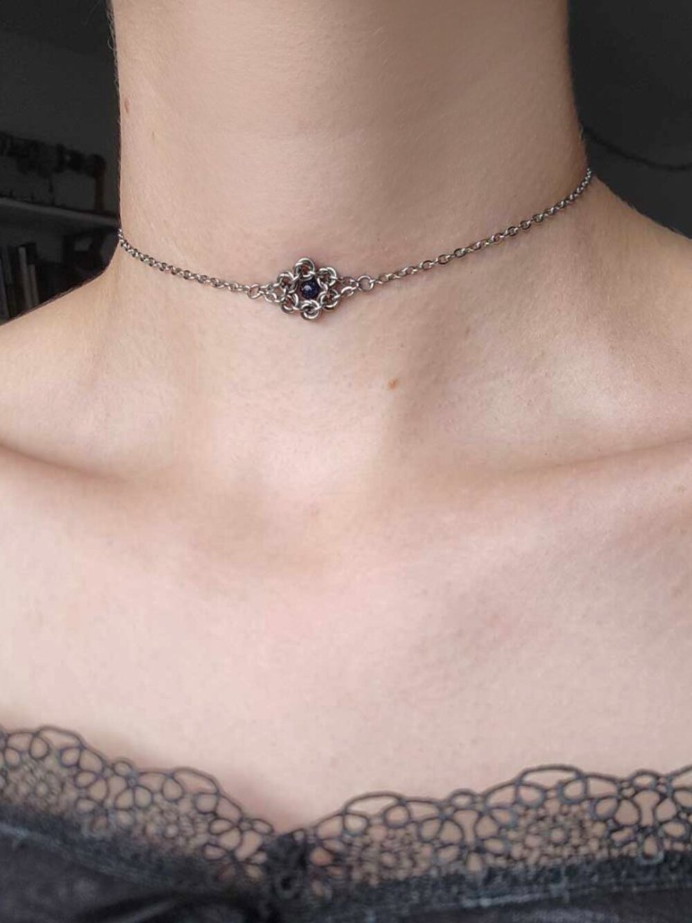 Vintage silver and black flower choker necklace